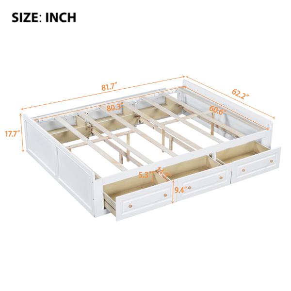 Wood Queen Size Platform Bed Frame with 6 Drawers, White