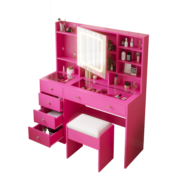 Barbie Pink Textured Particle Board with Melamine Laminate, Tempered Glass Top, Five-Drawer Dressing Table Set with Shelves, Hooks, Power Strip, and LED Three-Color Dimmable Light