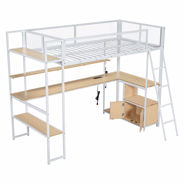 Twin Size Metal Loft Bed with Built-in Work Station, LED and Multiple Storage, White