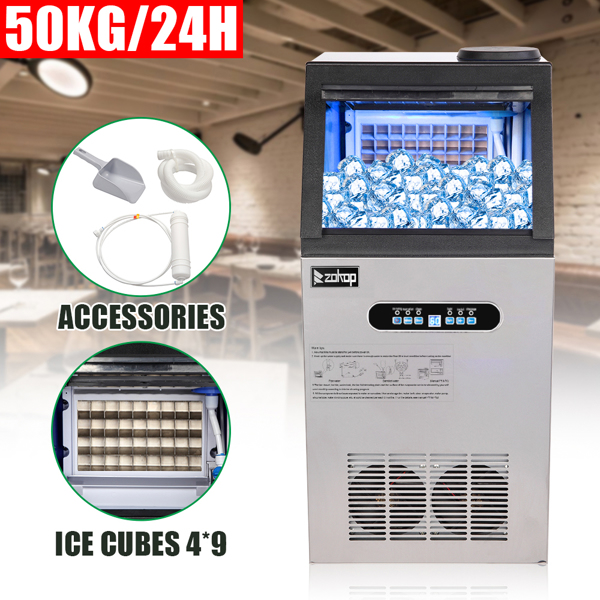  【same code：68367327】ZOKOP ZK-110 120V 240W 110lbs/50kg/24h Ice Maker Stainless Steel Transparent Frosted Lid/Display/4*9 Aluminum Ice Tray Commercial Silver