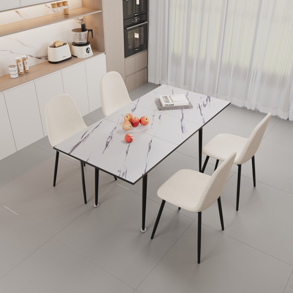 47"-63" extendable MDF modern dining table and chair set, suitable for 2-6 people, white dining table and modern beige round dining chair 4-piece set, metal base and linen chair 