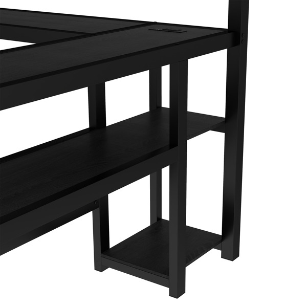 FULL XL Over Twin Bunk Bed with Desk and Shelves, Multiple Placement, with LED and USB, Black