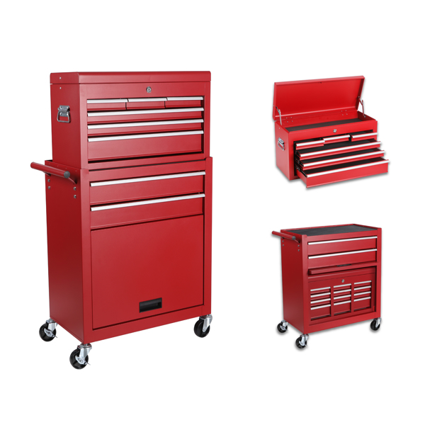 Tool Chest, 8-Drawer Rolling Tool Storage Cabinet with 2 in 1 Detachable Top Tool Box, Liner, Lockable Wheels, Side Hooks,Metal Tool Cart for Garage