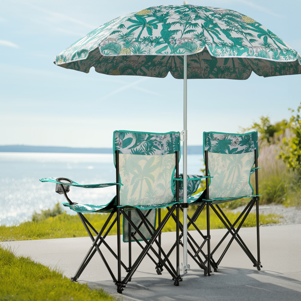 Portable Outdoor 2-Seat Folding Chair with Removable Sun Umbrella Pineapple