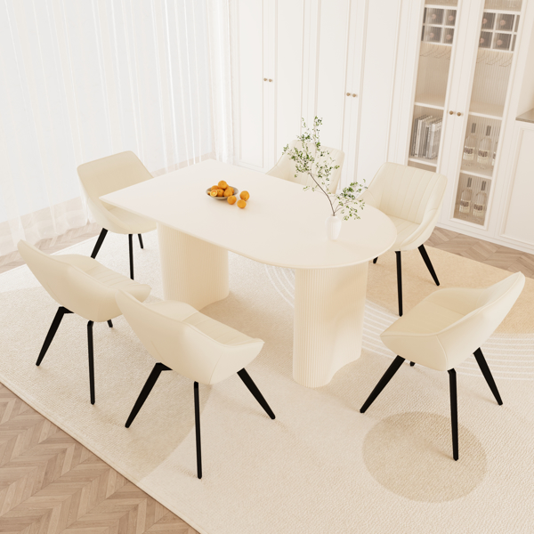 63" medieval modern cream style MDF dining table and beige PU dining chair set, 6 sets of black metal leg dining chairs, suitable for kitchen&home 