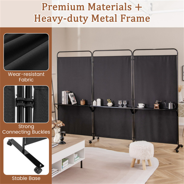 3-Panel Folding Divider with Lockable Wheels and 3 Metal Shelves Black