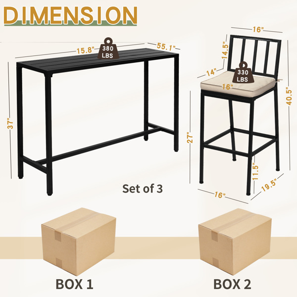 3 Piece Outdoor Patio Bar Set, 55" Rectangular Pub Height High Top Bar Table with 2 Cushioned Bar Stools, Metal Bar Table and Chairs Set for Balcony Backyard Porch