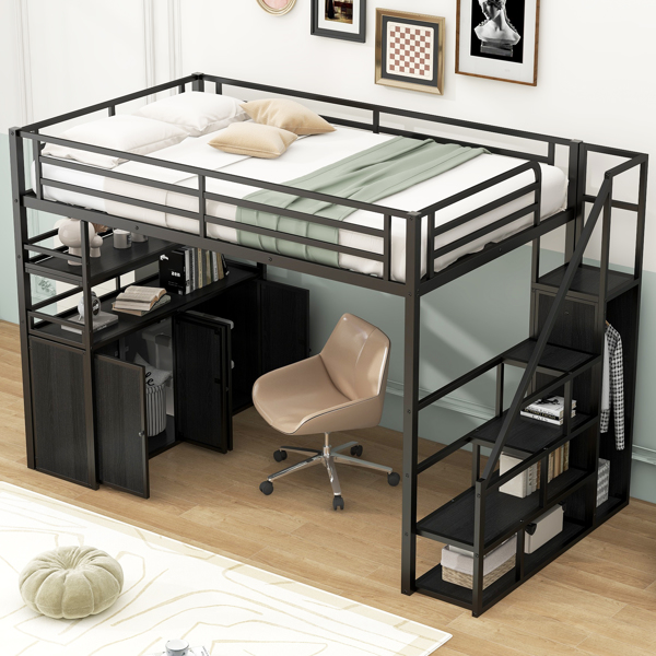 Full Size Metal Loft Bed with Storage Staircase and Wardrobe,Shelves and Lockers,Black