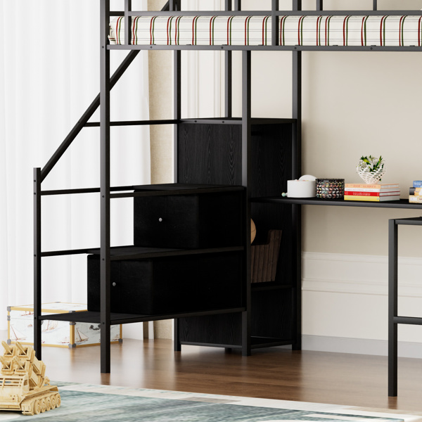 Full Size Metal Loft Bed with L-shaped Desk, LED Lights, Charging Cradle, LED Loft Bed Frame, Full Size Bed with One Cabinet Wardrobe and 2 Fabric Drawers, Safety Rails and Ladder, Black
