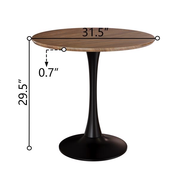 31.5 " Walnut circular dining table, tulip dining table, kitchen dining table for 2-4 people, MDF tabletop and base, and 2 black PU black metal leg dining chair set 2 