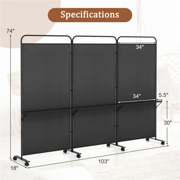 3-Panel Folding Divider with Lockable Wheels and 3 Metal Shelves Black