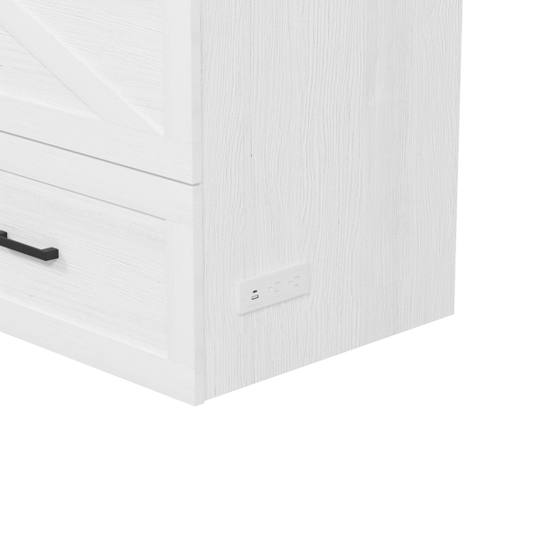 Queen Size Farmhouse Murphy Cabinet Bed with Charging Station, Foldable Platform Bed with Large Storage Drawer for Guest-Room, Small Bedroom, White