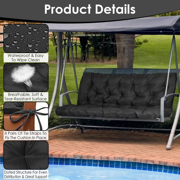 Swing Replacement Seat Cushions, Cushions for Outdoor Furnitur with Backrest, Garden Recliner Waterproof Porch Swing Cushions with Backrest 8 Tie Straps 59x43.3x3.9in for Patio Furniture--Black