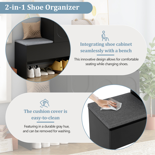 ON-TREND Elegant 2-in-1 Shoe Cabinets with Soft Cushion, Modern Storage Bench with Arched Doors & Rebound Devices, Versatile Shoe Rack Organizer with Adjustable Shelves for Hallway, Living Room, Black