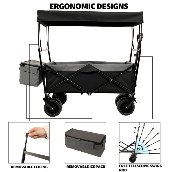 480Lbs Collapsible Wagon with Canopy,Wagon Stroller with 7" All-Terrain Wheels, Lightweight Foldable Wagon, Large Capacity for Camping, Shopping, Sports, and Garden Use,black with mosquito net