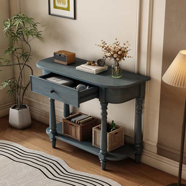 Narrow Console Table with Curved Corner, Retro Entryway Table with Top Drawer and Open Shelf, Sofa Table Console Tables for Entryway, Hallway and Living Room (Navy)