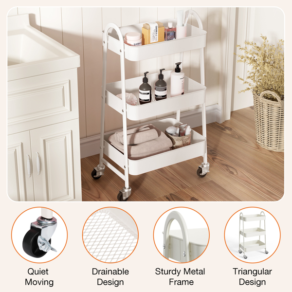 3 Tier Small Rolling Cart, Metal Utility Storage Organizer Kitchen Trolley Bathroom Laundry Room Bar Office Shelves