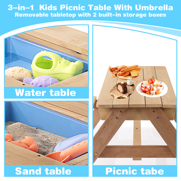 3-in-1 Kids Outdoor Wooden Picnic Table With Umbrella, Convertible Sand & Wate, Gray ASTM & CPSIA CERTIFICATION 