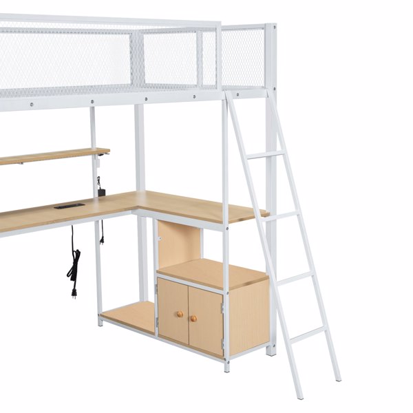 Twin Size Metal Loft Bed with Built-in Work Station, LED and Multiple Storage, White