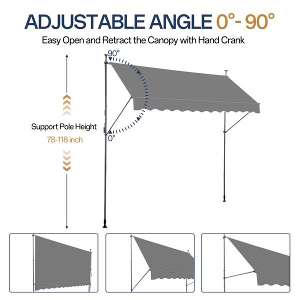 118.1"D x 47.2"W x(78.7 -118.1)"H Retractable Awning Grey