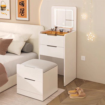 3-in-1 dressing table with flip mirror and light, small dressing table set with visible glass tabletop, 3 drawers, storage bench, 3-color lighting mirror, suitable for small bedroom dressing tables