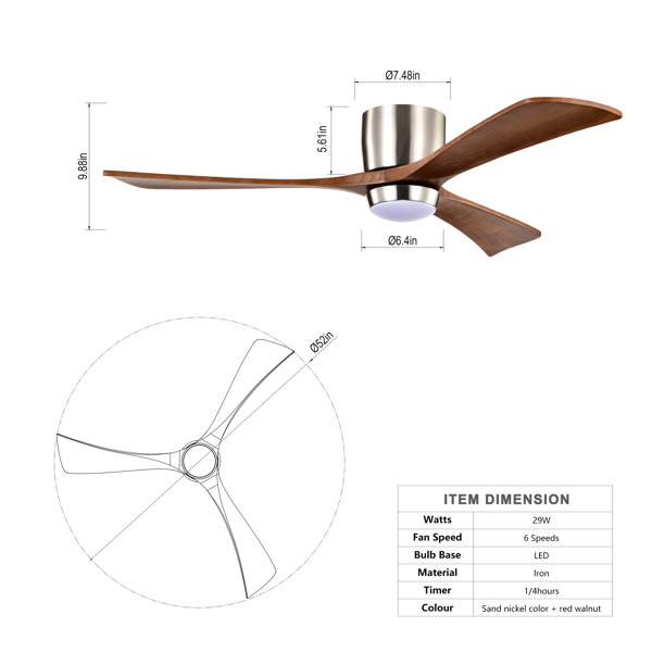 52" Ceiling Fan with Lights Remote Control,Quiet DC Motor 3 Wood Blade Ceiling Fans 6 Speed Levels,Reversible Ceiling Fan, for Patio Living Room, Bedroom, Office,Indoor.(Stain nickel + Walnut )