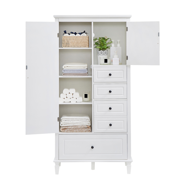 Tall and Wide Storage Cabinet with Doors for Bathroom/Office/Living Room/Indoor, Four Drawers of Different Sizes, Adjustable Shelves, White