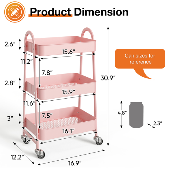 3 Tier Small Rolling Cart, Metal Utility Storage Organizer Kitchen Trolley Bathroom Laundry Room Bar Office Shelves