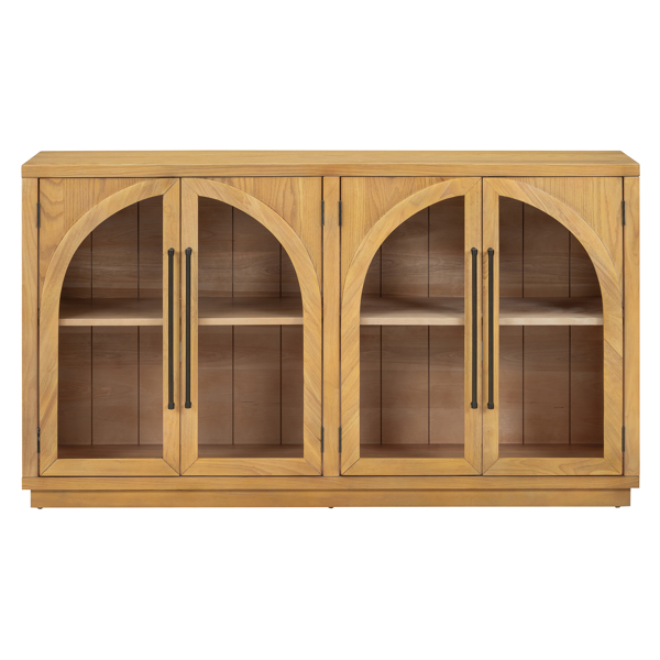 4-Door Large Storage Sideboard Buffet Cabinet with Glass Doors, Arched Cabinet with Adjustable Shelves for Kitchen, Dining Room and Living Room (Natural Wood)