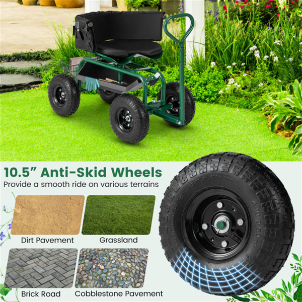 Garden Cart Height Adjustable Scooter with Swivel Seat & Tool Storage Green