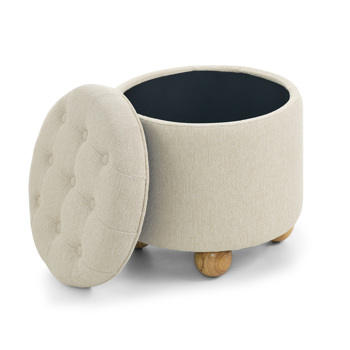 Round Storage Ottoman, multi-functional round linen button Ottoman, lid can be turned over as a table top, with storage space-BEIGE