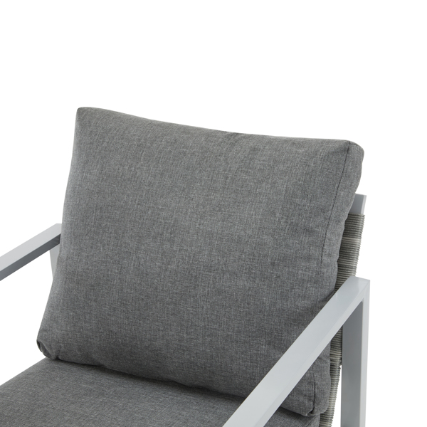 Silver Aluminum Lounge Chair with Sleek Rope Accents and Comfortable Cushions, Perfect for Modern Outdoor and Indoor Spaces