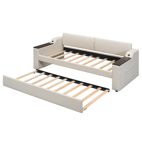 Twin Size Upholstery Daybed with Storage Arms, Trundle and USB Design, Beige(Old SKU:GX000547AAA)