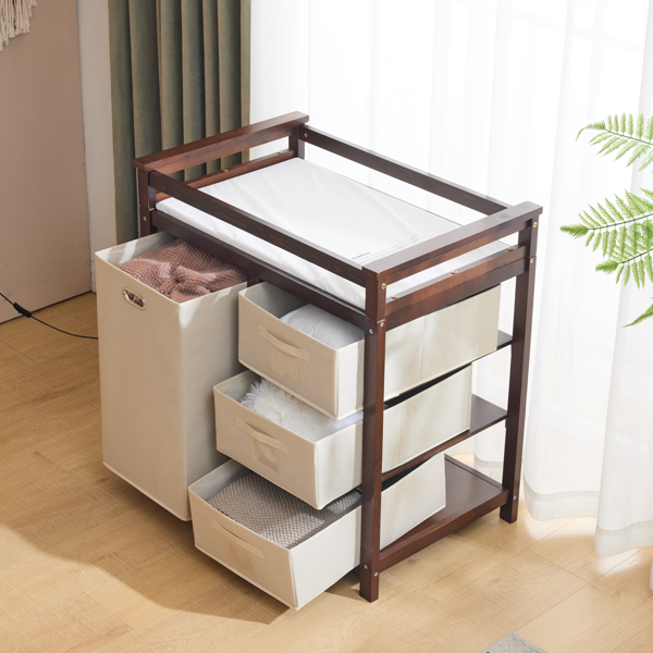 FCH Wooden Frame Removable Top Brown Painted Pine Children's Cot with 3 Fabric Drawers + 1 Fabric Bag