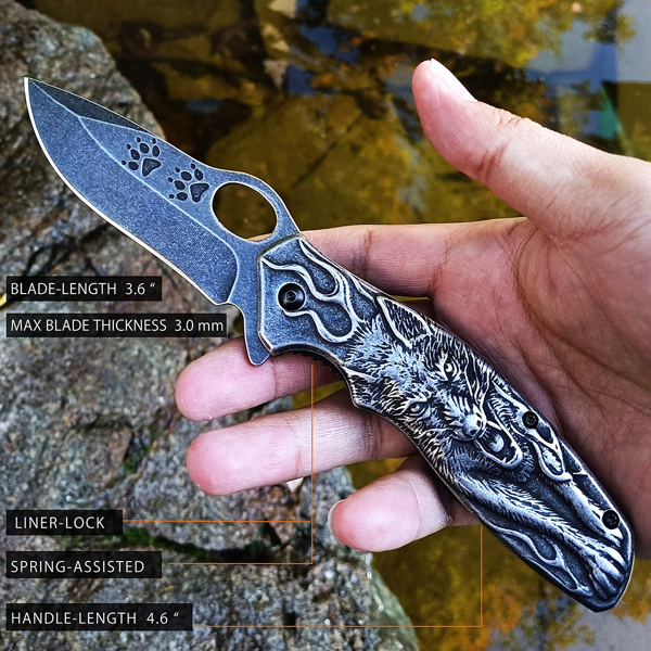 Wolf Handle Non-Slip Pocket Knife – Compact Folding EDC Knife with Carabiner Clip, Cool Box Cutter, Perfect Gift for Men(Maybe YunExpress Logistics)