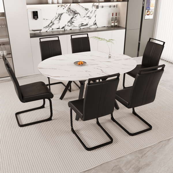 47-63" expandable circular dining table set for 4-6 people, equipped with 6 C-shaped tubular cushioned armless dining chair and an spacious dining table kitchen table and chair set, with metal legs 