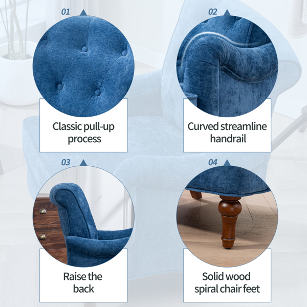 Accent Chair With Comfy Chenille Club Fabric,Comfy Upholstered Living Room Arm Chair,Springs Cushions & Retro Wooden Legs,Fabric Sofa Chair Reading Chair for Bedroom Office,Holds 300lbs(Blue)