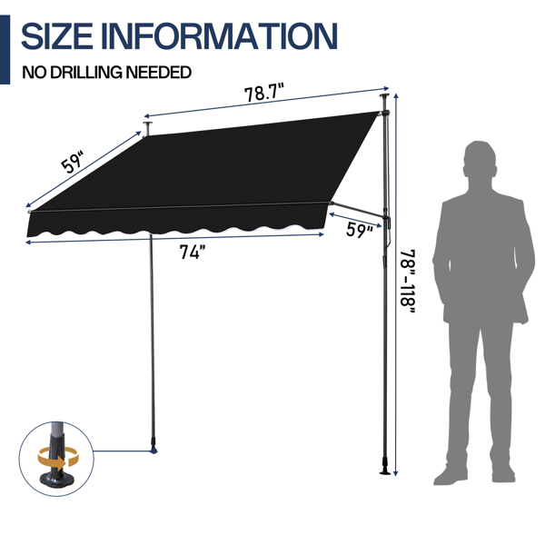 78.7"D x 59.1"W x(78.7 -118.1)"H Retractable Awning Black