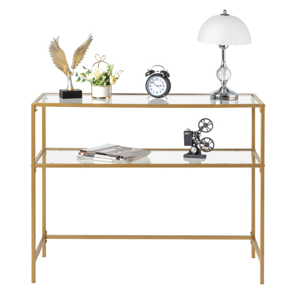 【same code：29997112】39.4" Console Sofa Table, Modern Entryway Table, Tempered Glass Table, Metal Frame, 2 Shelves, for Living Room, Hallway, Gold Color