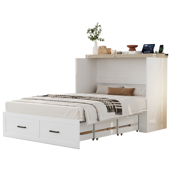 Full Size Farmhouse Murphy Cabinet Bed with Charging Station, Foldable Platform Bed with Large Storage Drawer for Guest-Room, Small Bedroom, White