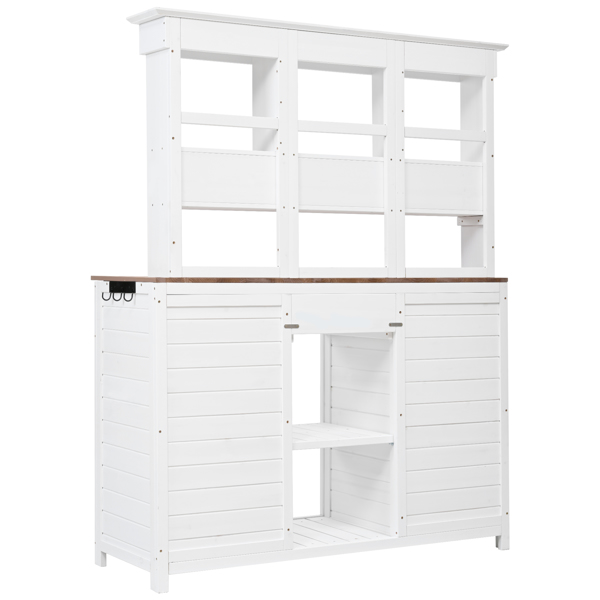 [Assembly Video Provided] 65.7'' H Tall Garden Potting Bench Table with Hutch,Patio Storage Workstation with 3 Shelves,6 Drawers,2 Bottom Cabinets&Side Hooks for Mudroom,Doorway, White