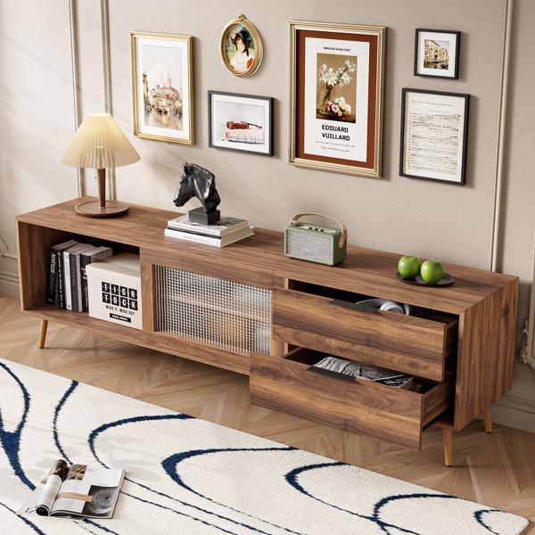 Modern TV Stand for 75"+ TV, TV Console with 2 Glass Doors, Entertainment Center with 2 Drawers & Storage Cabinet, 70" Media Console Table for Living Room, Bedroom