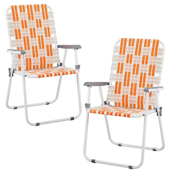 Set of 2 Webbed Folding Beach Chairs, Outdoor Patio Lawn Foldable Chairs for Camping Fishing Yard Poolside BBQ, Orange & White