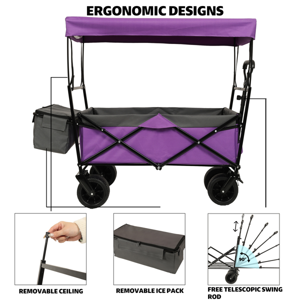 480Lbs Collapsible Wagon with Canopy,Wagon Stroller with 7" All-Terrain Wheels, Lightweight Foldable Wagon, Large Capacity for Camping, Shopping, Sports, and Garden Use,,purple with mosquito net