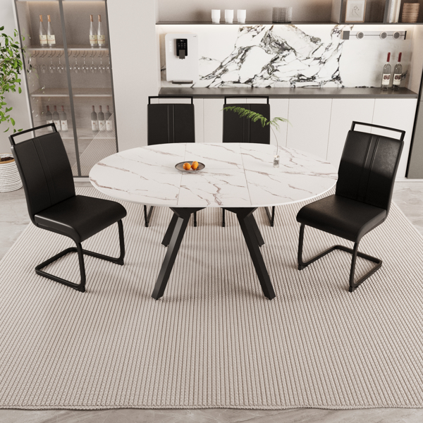 47-63" expandable circular dining table set for 4-6 people, equipped with 4 C-shaped tubular cushioned armless dining chair and an spacious dining table kitchen table and chair set, with metal legs 