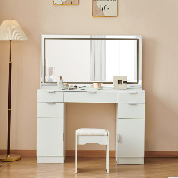 Dressing table set with LED mirror and 3 lighting modes, dressing table with 5 drawers and 2 cabinets, each with metal handles, lighting and chairs, and ample storage space