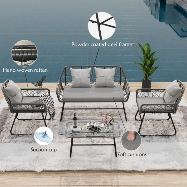 Outdoor Furniture 4 Piece wicker patio furniture set,glass table,With cushion,Suitable for patio, garden, balcony, etc.