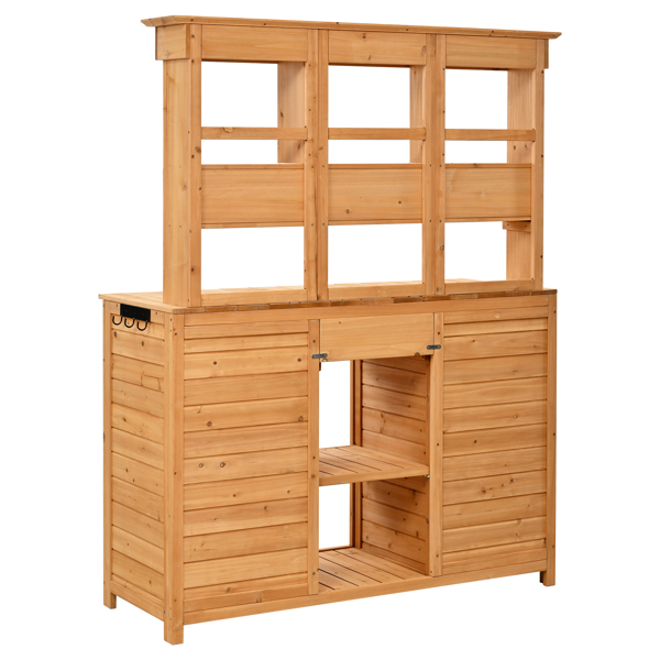 [Assembly Video Provided] 65.7'' H Tall Garden Potting Bench Table with Hutch,Patio Storage Workstation with 3 Shelves,6 Drawers,2 Bottom Cabinets&Side Hooks for Mudroom,Doorway, Natural