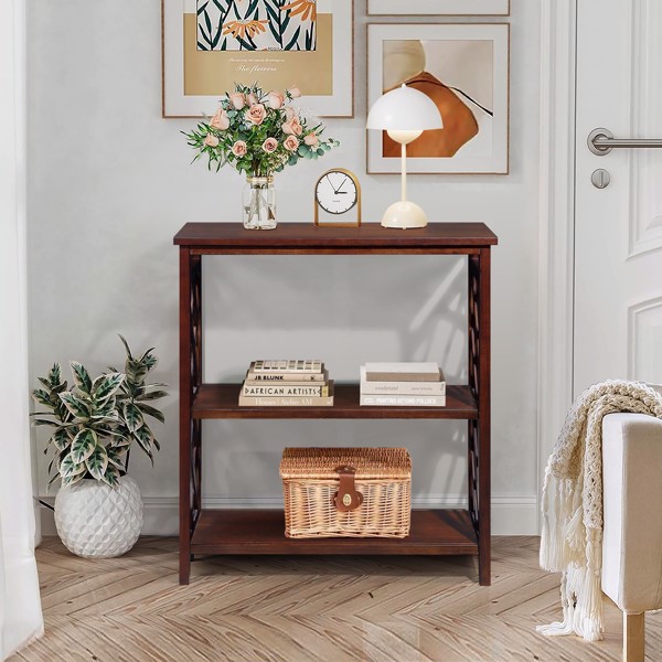 Console Table 3-Tier with Storage Shelves,Open Bookshelf Bookcase with Solid Wood Legs for Hallway, Living Room and Bedroom. Cherry