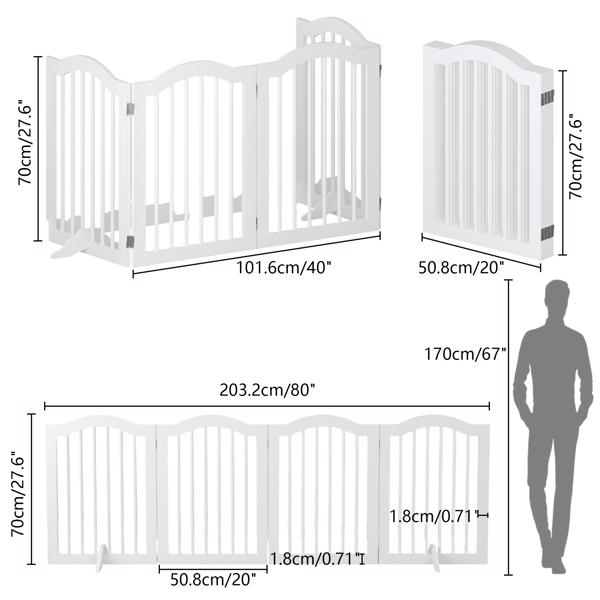 27.6" Height Tall Freestanding Pet Gate, 4 Panels Foldable Dog Gate, Solid Wood Folding Safety Fence Wooden Dog Gate with 2 pcs Support Feet Ideal for Stairs, Doorways, Halls, Kitchens, Heavy Duty Gat